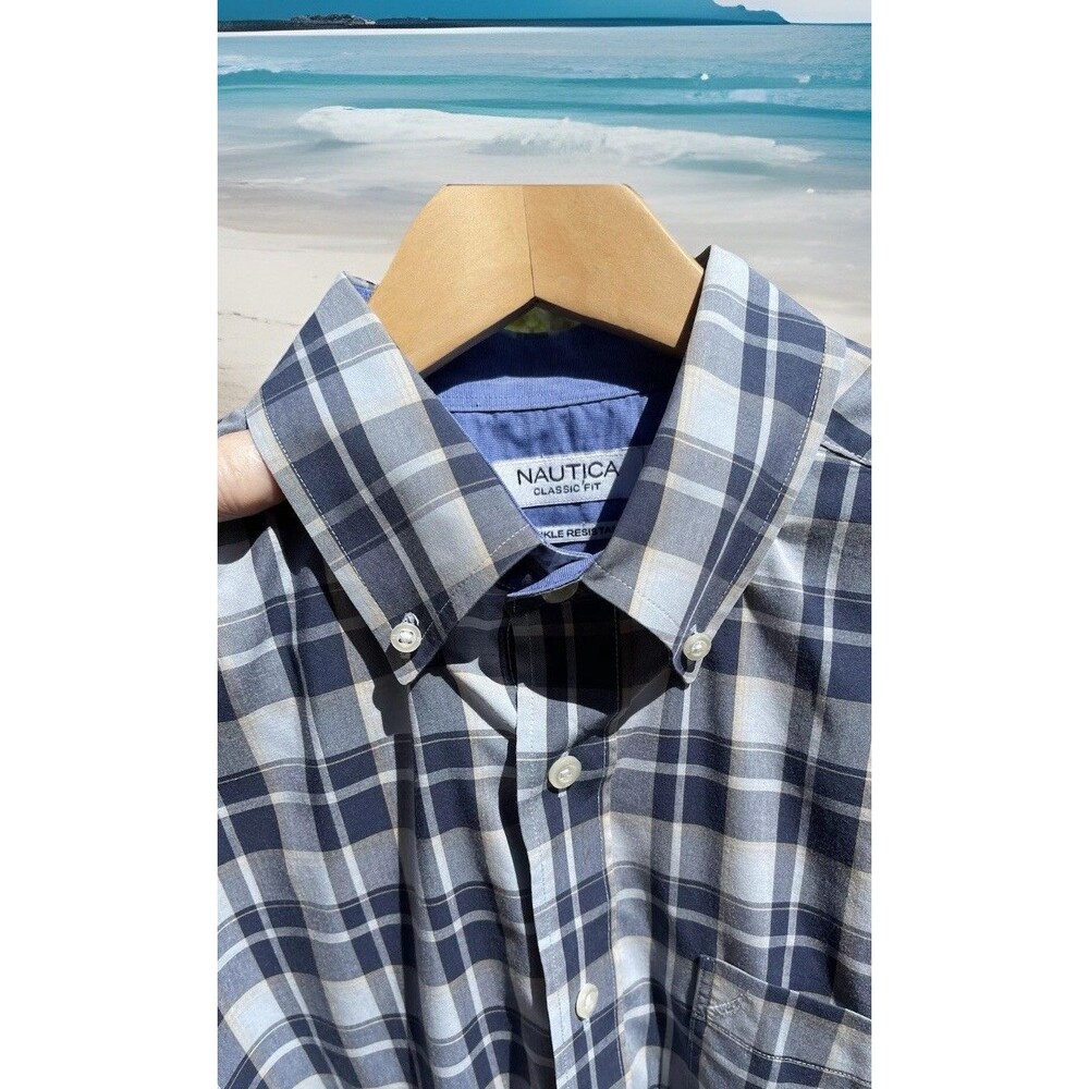 Nautica Wrinkle Resistant Plaid Shirt Dry Clean Tag Attached Medium Classic Fit